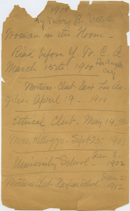 Lecture read before women's clubs in Los Angeles, California. Discusses the importance of a woman's role in the home, how a woman's education prepares her for life, how education has helped the women's suffrage movement, and the importance of hospitality.