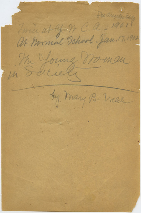Discusses a young woman's role in society, her social responsibility, and how she should conduct herself at gatherings. Lecture give to the YWCA in Los Angeles.