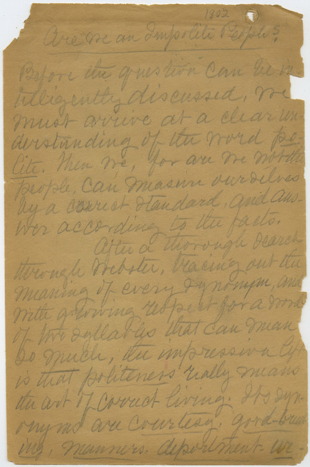 Welch discusses definitions of politeness, people's perceptions of American society, examples of civility towards women, the genuineness of American politeness, and compares American courtesy to that in other countries.