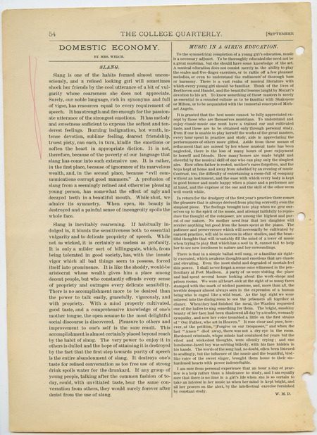 Topics include subjects taught in domestic economy courses, measuring the work of women in the home, plea for the higher education of cooks, and the legitimacy of teaching domestic economy.