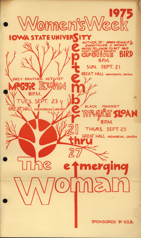 Poster for women's week 1975. The theme for 1975's Women's Week was: The Emerging Woman. Women's week was a collection of events that discussed various aspects of life that pertain to being a woman.