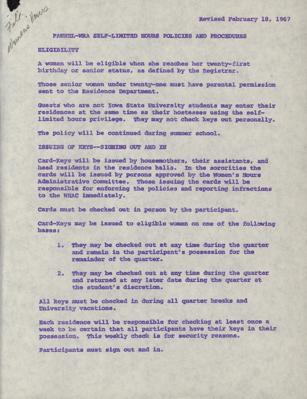 Document describing the policy and procedures of women's hours. Women's Hours limited the time a woman was allowed to freely leave and return to her dorm.