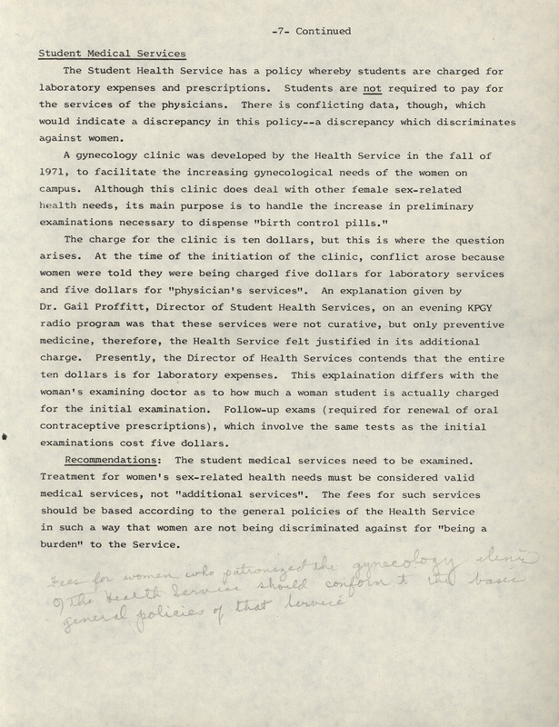 Page from the Tentative Report--The Student Environment. The page discusses Student Health Services Gynecological Department and the policies of the clinic. The report calls for women's sex-related health needs to be considered valid and not be an additional charge.