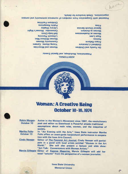 Information piece about Women's Week 1974. The event titled Woman: A Creative Being was the first official woman's week at Iowa State University. Women's weeks were events that covered topics that pertained to women.