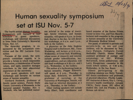 Ames Tribune article discussing the fourth annual Human Sexuality Symposium's list of events. The symposium's goal was to contribute to the education of Iowa State University student's via responsible information and consideration of fellow humans.