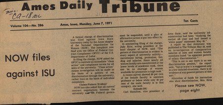 Ames Tribune article announcing National Organization for Women (NOW) lawsuit against Iowa State University over gender-based discrimination.  The case was listed as a class action lawsuit meaning NOW would have to prove systematic discrimination based on sex rather than a singular event.