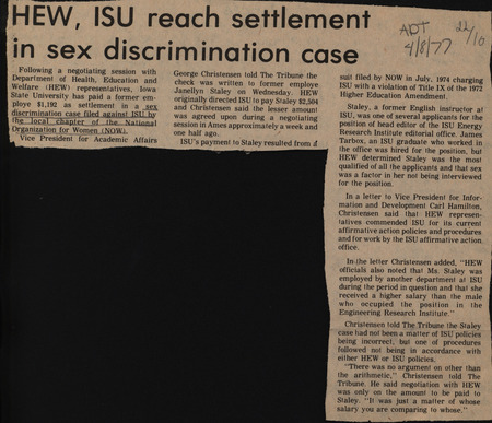 Ames Tribune article about Iowa State University and HEW paying a settlement in the sex discrimination case brought by NOW. ISU paid $1,192 in the settlement to a former employee.