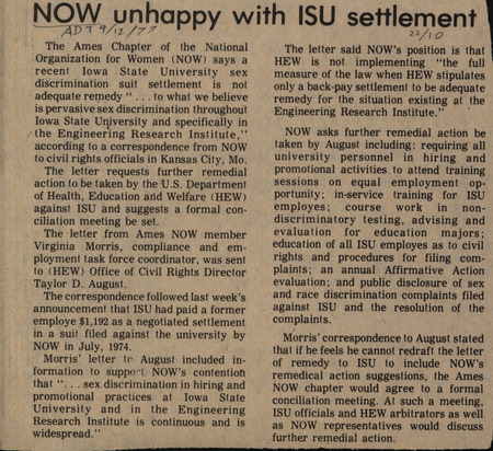 Ames Tribune article discussing the outcome of the sex discrimination case brought against Iowa State University by the NOW organization. NOW was unhappy with a settlement and wished for more action from Iowa State University. NOW asks for more remedial actions to be taken by ISU.