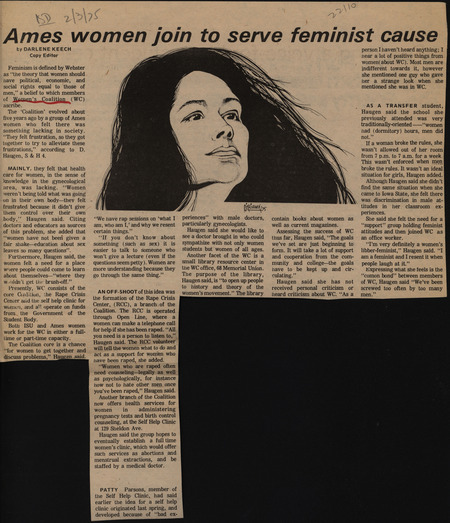 Iowa State Daily article about  the Women's Coalition. The article describes what the group's origins are, their beliefs, and the sub-groups formed from the main group. The Women's Coalition was one of the main women-focused groups on the Iowa State University campus.