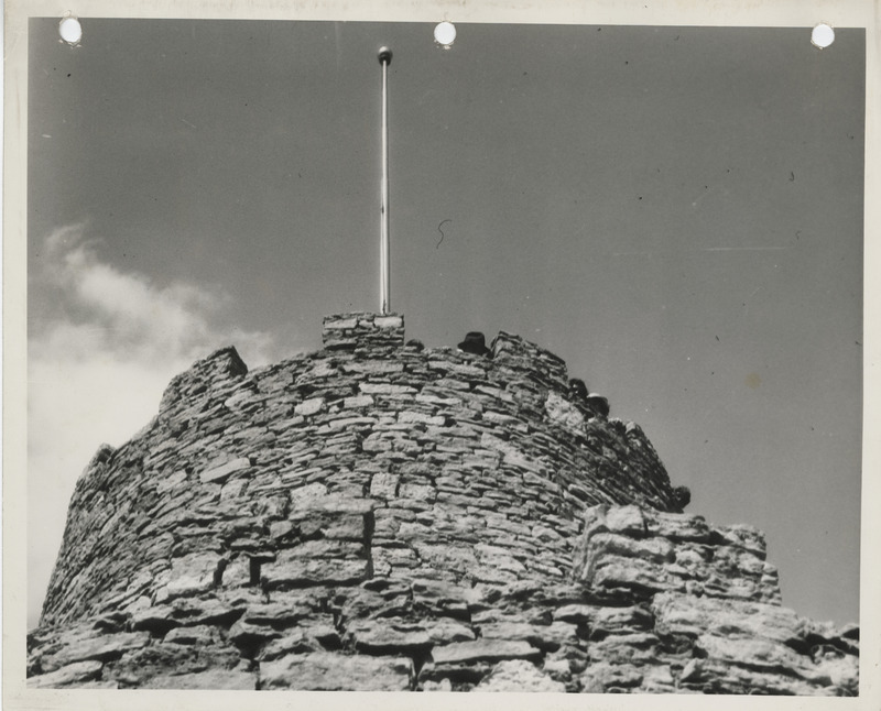 Photograph looking up at the completed lookout tower at Eagle Point Park in Clinton