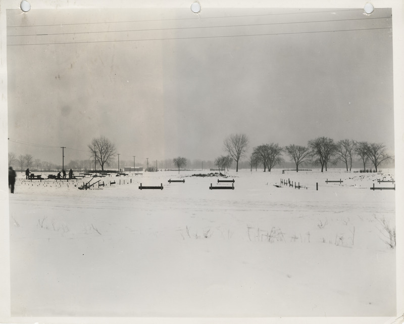 Photograph of people constructing a stadium in Clinton