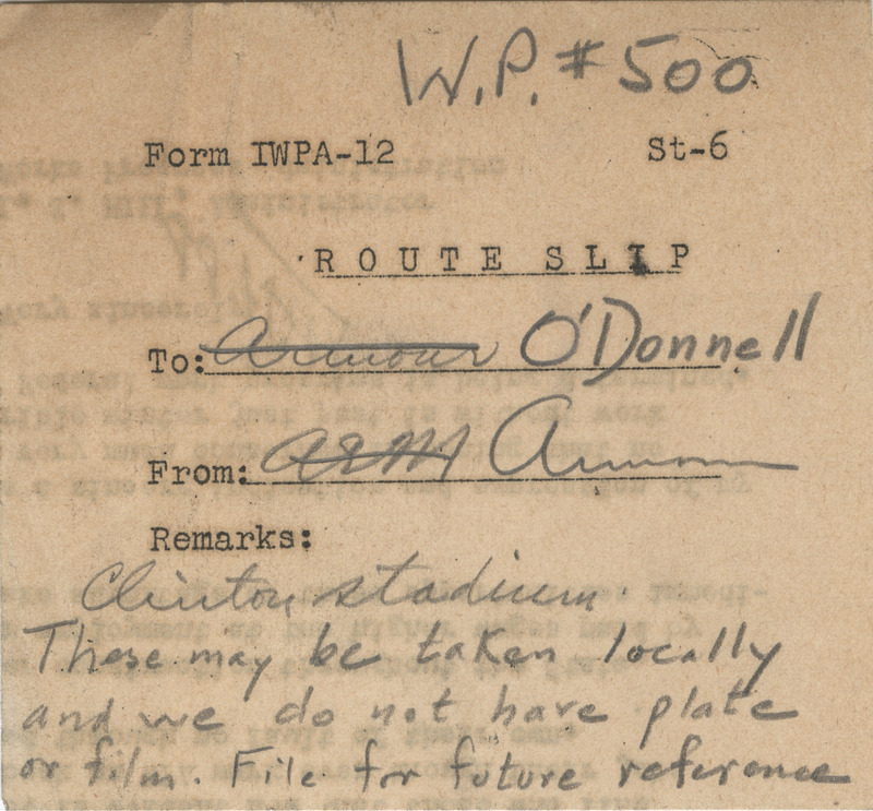 Annotation: "Clinton Stadium. These may be taken locally and we do not have the plate or film. File for future reference"