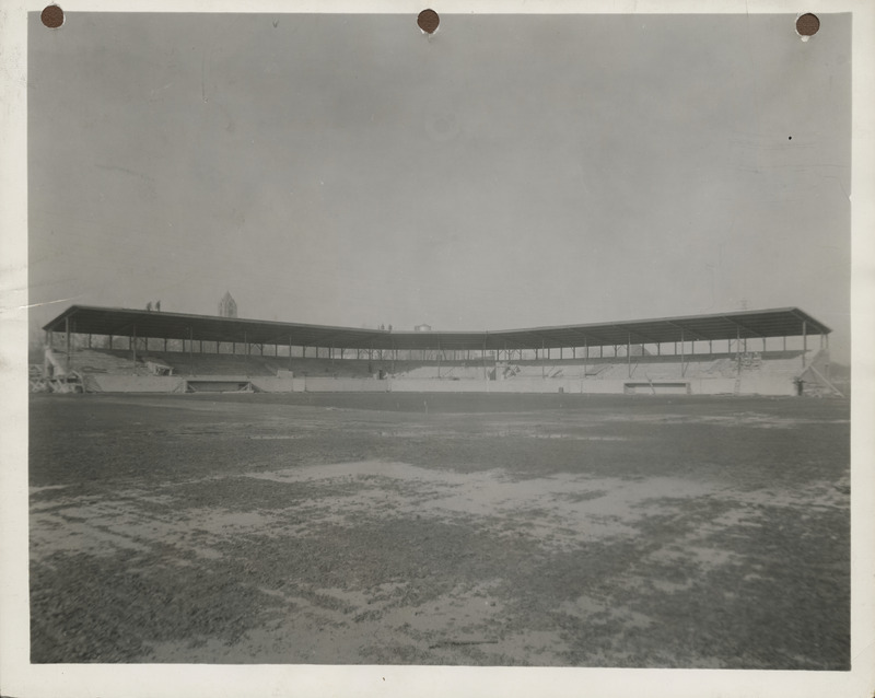 Photograph of the stands as seen from the field at a stadium in Clinton