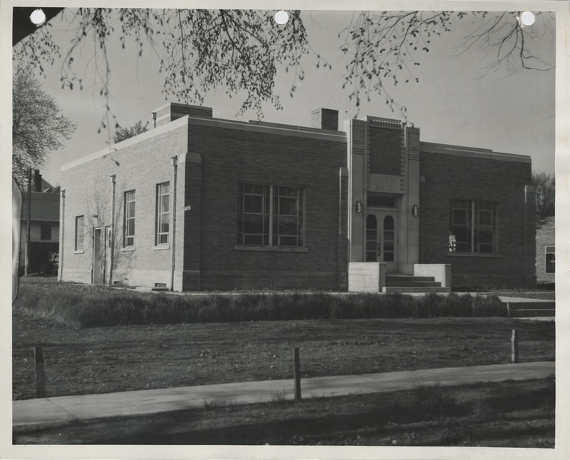 Photograph of three-quarter view of the town hall in West Liberty