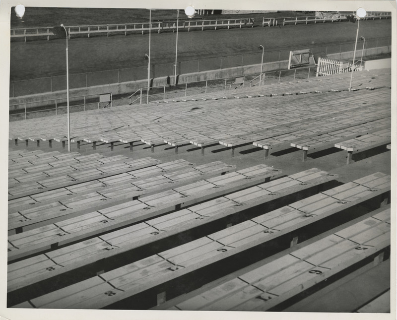 Photograph looking down from the bleachers at the county fairgrounds in Spencer