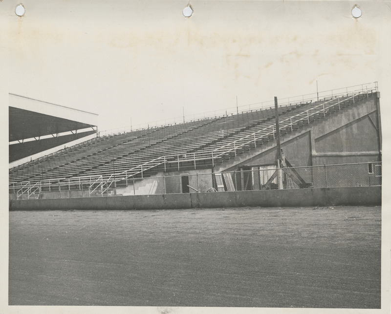 Photograph looking up at the bleachers at the county fairgrounds in Spencer