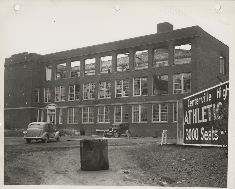 Photograph of fire damaged high school in Centerville