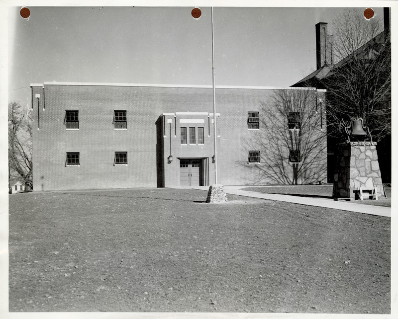 Photograph of the front view of the high school gym in Panora