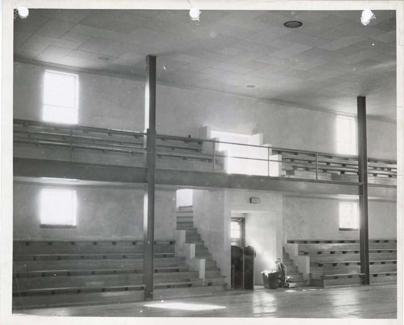 Photograph of the interior view of the entrance to the high school gym in Panora