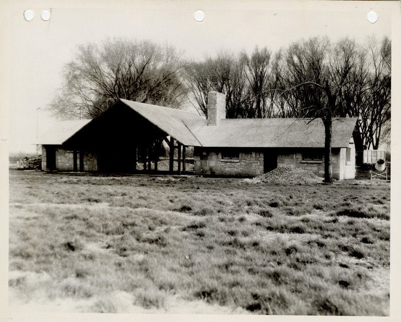 Photograph of the construction of a shelter house in New Sharon