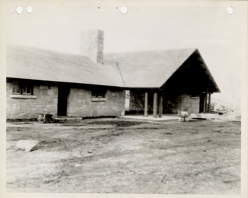 Photograph of the construction of a shelter house in New Sharon