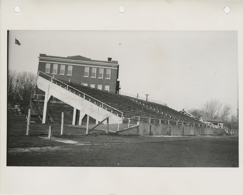 Photograph of three-quarter view of high school bleachers in Marshalltown