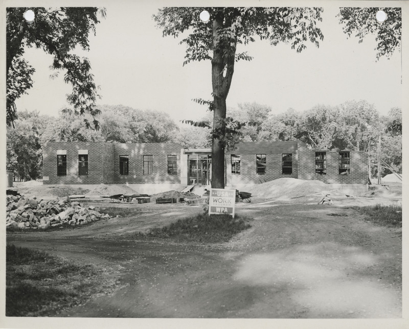 Photograph of the construction of a bathhouse and Shelter House at a city park in Marshalltown