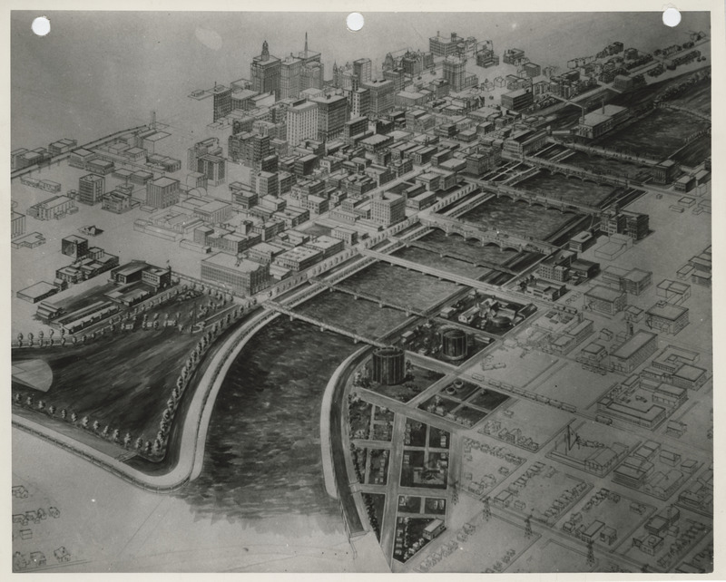 Drawing of the river wall and park project in Des Moines