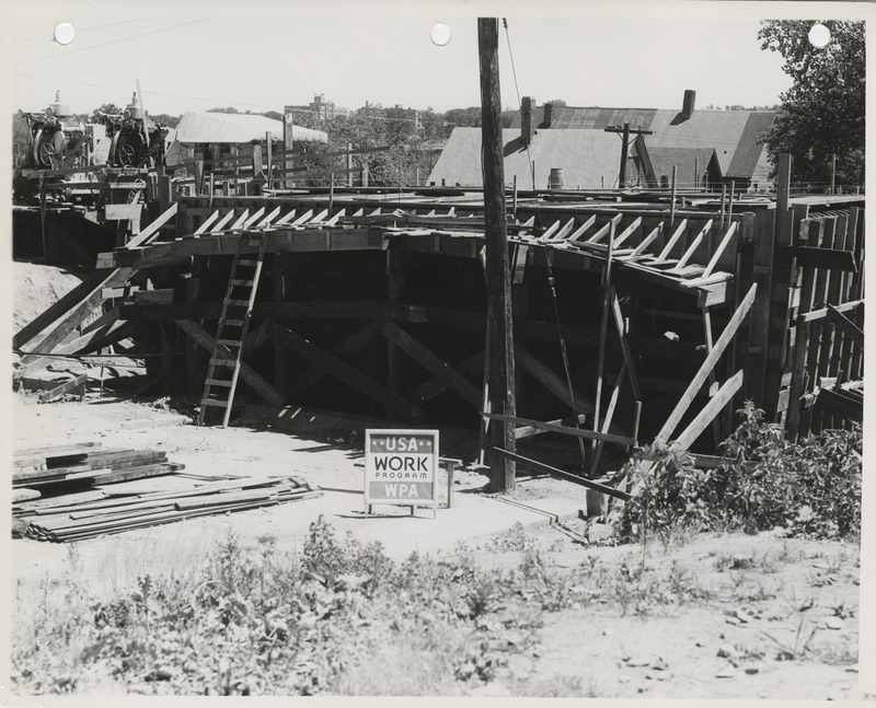 Photograph of the construction of the Second Street viaduct in Des Moines