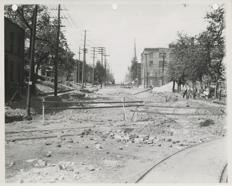 Photograph of the construction of Second Street looking north from Center in Des Moines