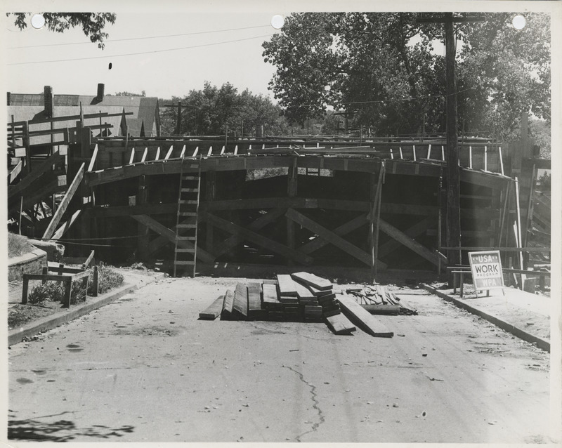 Photograph of the construction of the Second Street viaduct in Des Moines