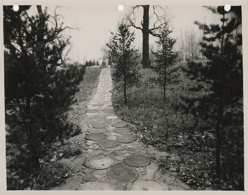 Photograph of sidewalk made of rough logs in the Lewis and Clark State Park