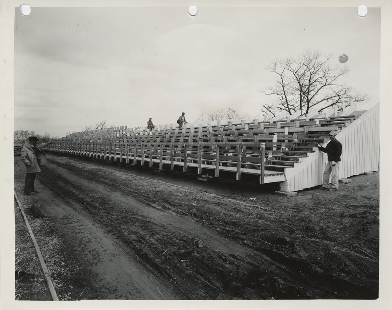 Photograph of bleachers on the athletic field at the Abraham Lincoln High School in Council Bluffs
