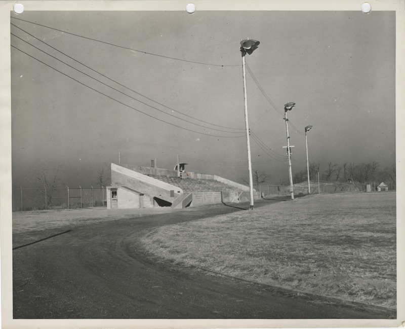 Photograph of west bleachers on the athletic field at the Abraham Lincoln High School in Council Bluffs