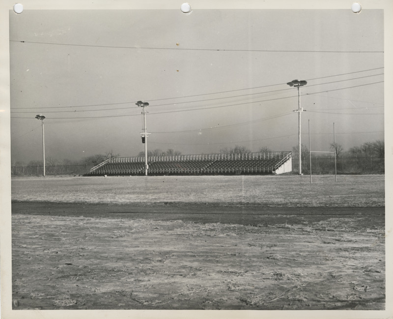 Photograph of east bleachers on the athletic field at the Abraham Lincoln High School in Council Bluffs