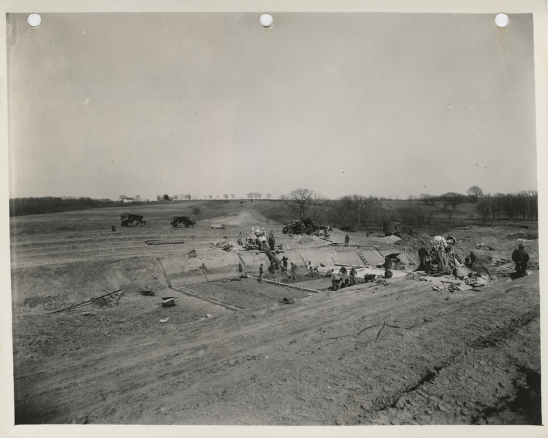 Photograph of people constructing the northern spillway for the Bedford water supply in Taylor County