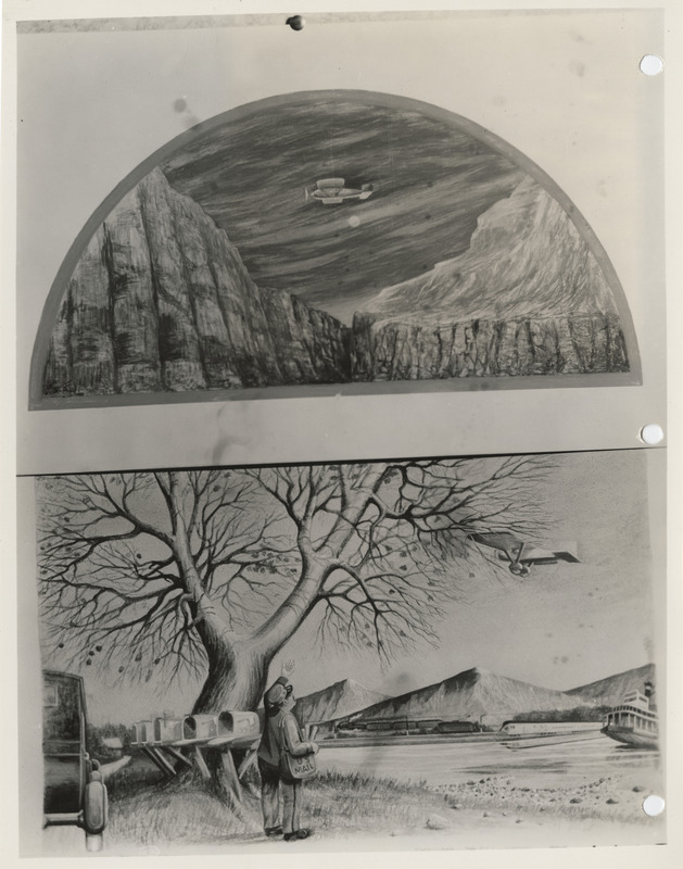 Photograph of a drawing of a mail carrier exhibited at 418 Old Federal Building in Des Moines