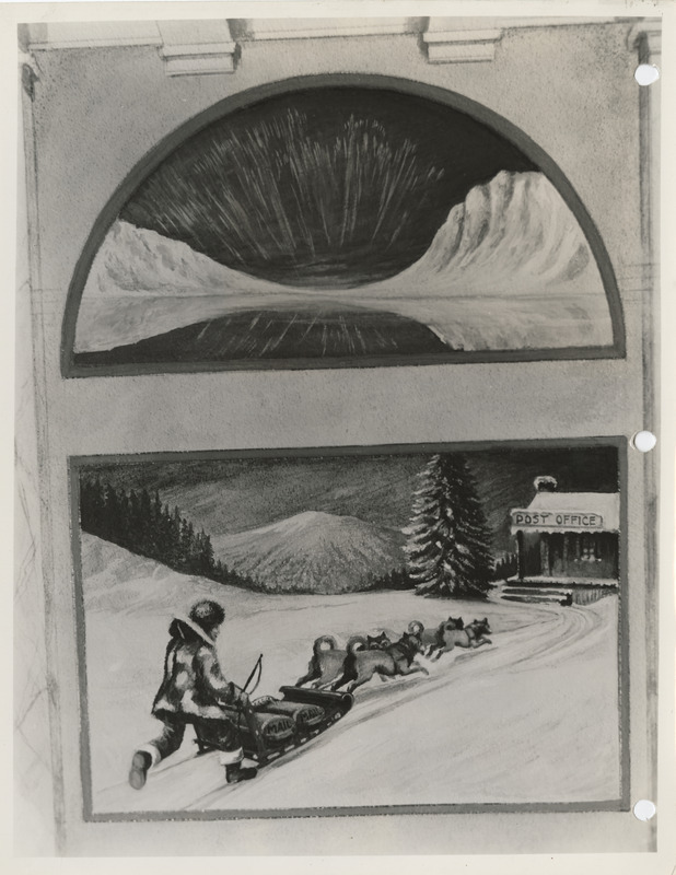 Photograph of a drawing of a dog team exhibited at 418 Old Federal Building in Des Moines