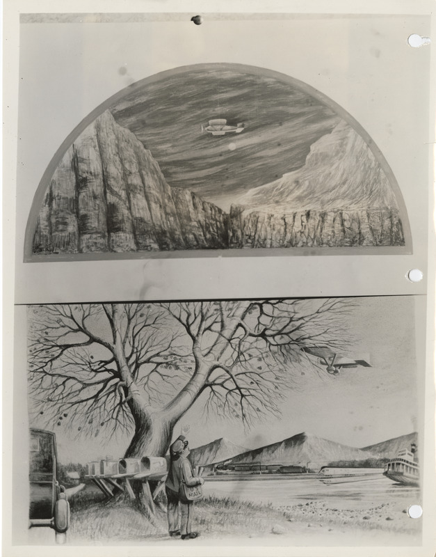 Photograph of a drawing of a mail carrier exhibited at 418 Old Federal Building in Des Moines