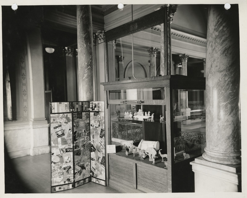 Photograph of a handicraft display at the city library in Des Moines