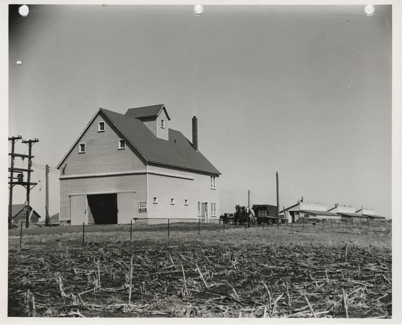 Photograph of a barn on the swine farm at Iowa State College in Story County