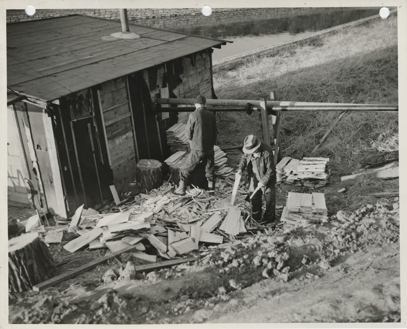 Photograph of people working outside a woodshed at the university campus in Iowa City