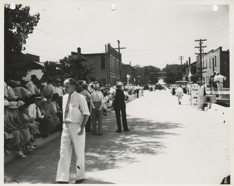 Photograph of people gathered during the dedication of Alden Bridge event