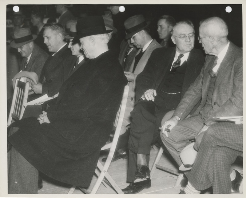 Photograph of Mayor Joe H. Allen and Iowa State Administrator L.S. Hill along with others during the dedication of the 2nd avenue improvement project event