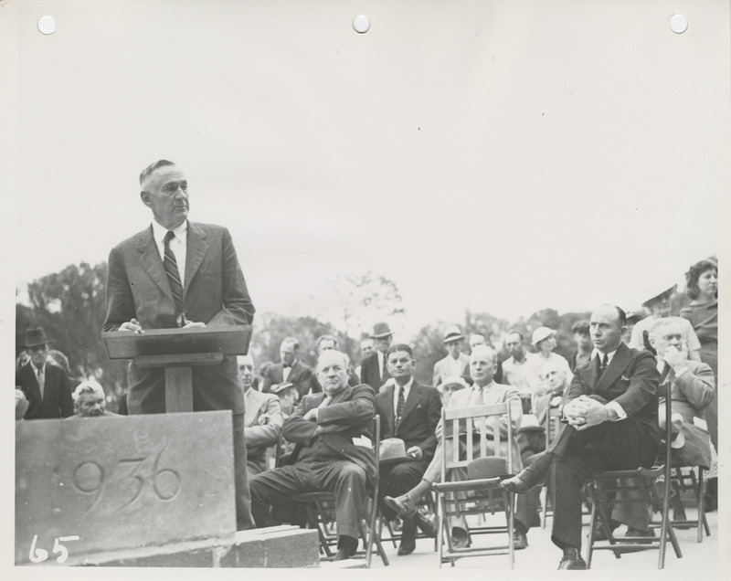 Photograph of group of people gathered during the dedication of bathhouse and shelter house in Riverview Park
