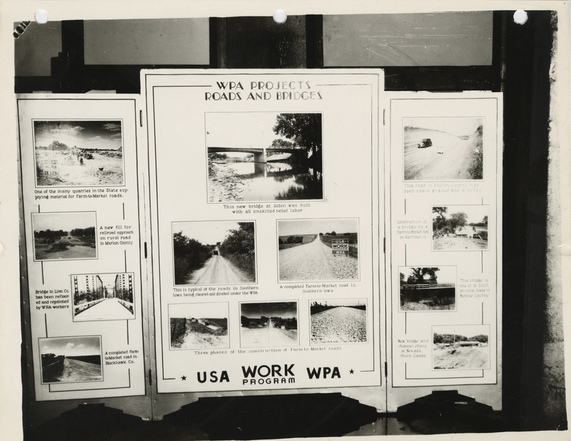 Photograph of the exhibit panel of Iowa WPA projects: roads and bridges