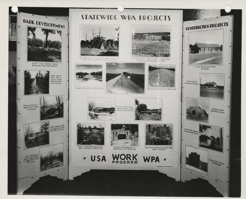 Photograph of the exhibit panel of Iowa WPA projects: statewide park development and construction projects