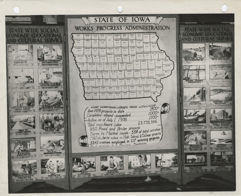 Photograph of the exhibit panel of Iowa WPA projects: statewide social, economic, educational and cultural service