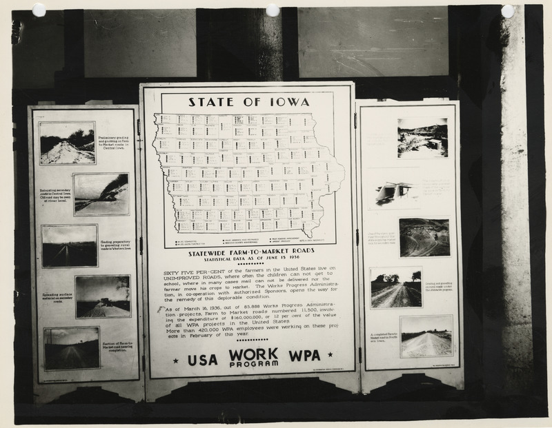 Photograph of the exhibit panel of Iowa WPA projects: statewide farm-to-market roads