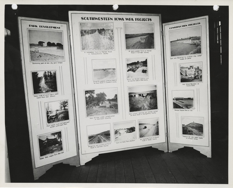 Photograph of the exhibit panel of Southwestern Iowa WPA projects: park development and construction projects